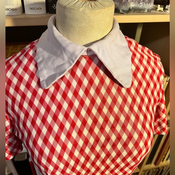 Vintage 60s 70s gingham red white mod dolly skater dress big collar clowncore - Picture 5 of 5